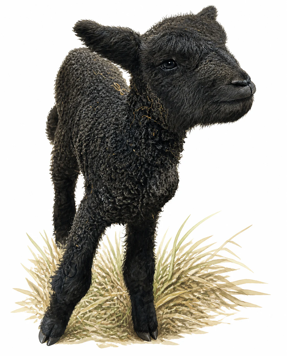After: natural-history-style illustration of the same young black lamb.