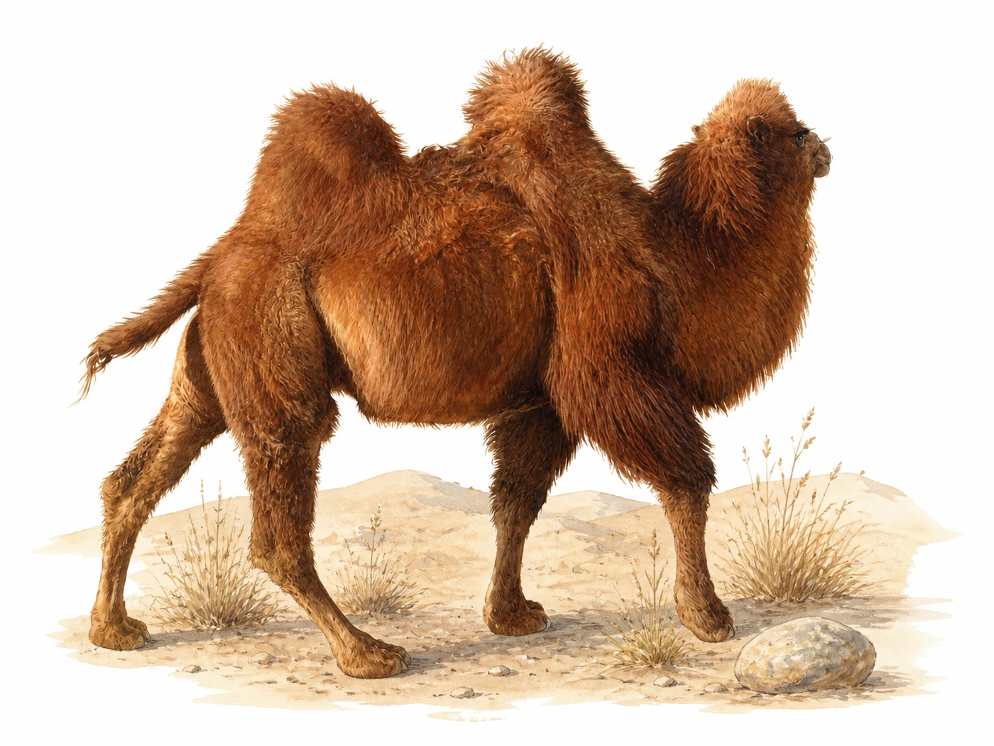 After: natural-history habitat illustration of the same camel among dunes and dry grasses.
