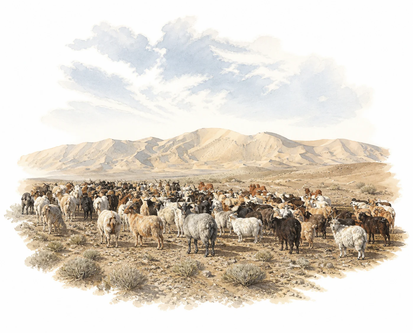 After: panoramic natural-history habitat illustration of the same desert herd.