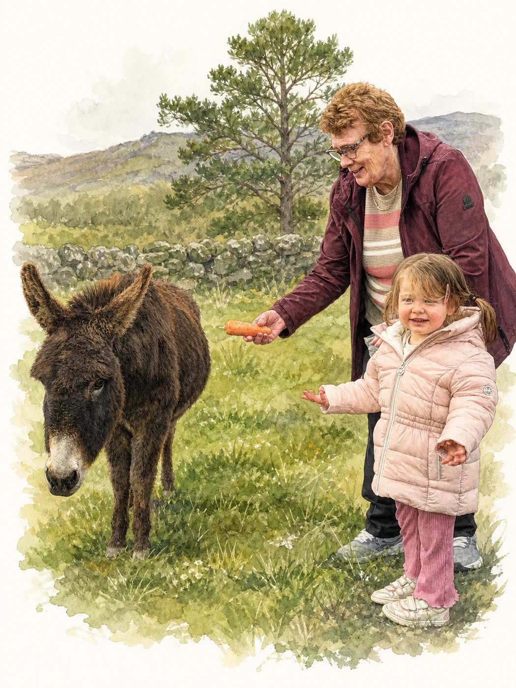After: rural illustration preserving the woman, child, and donkey.