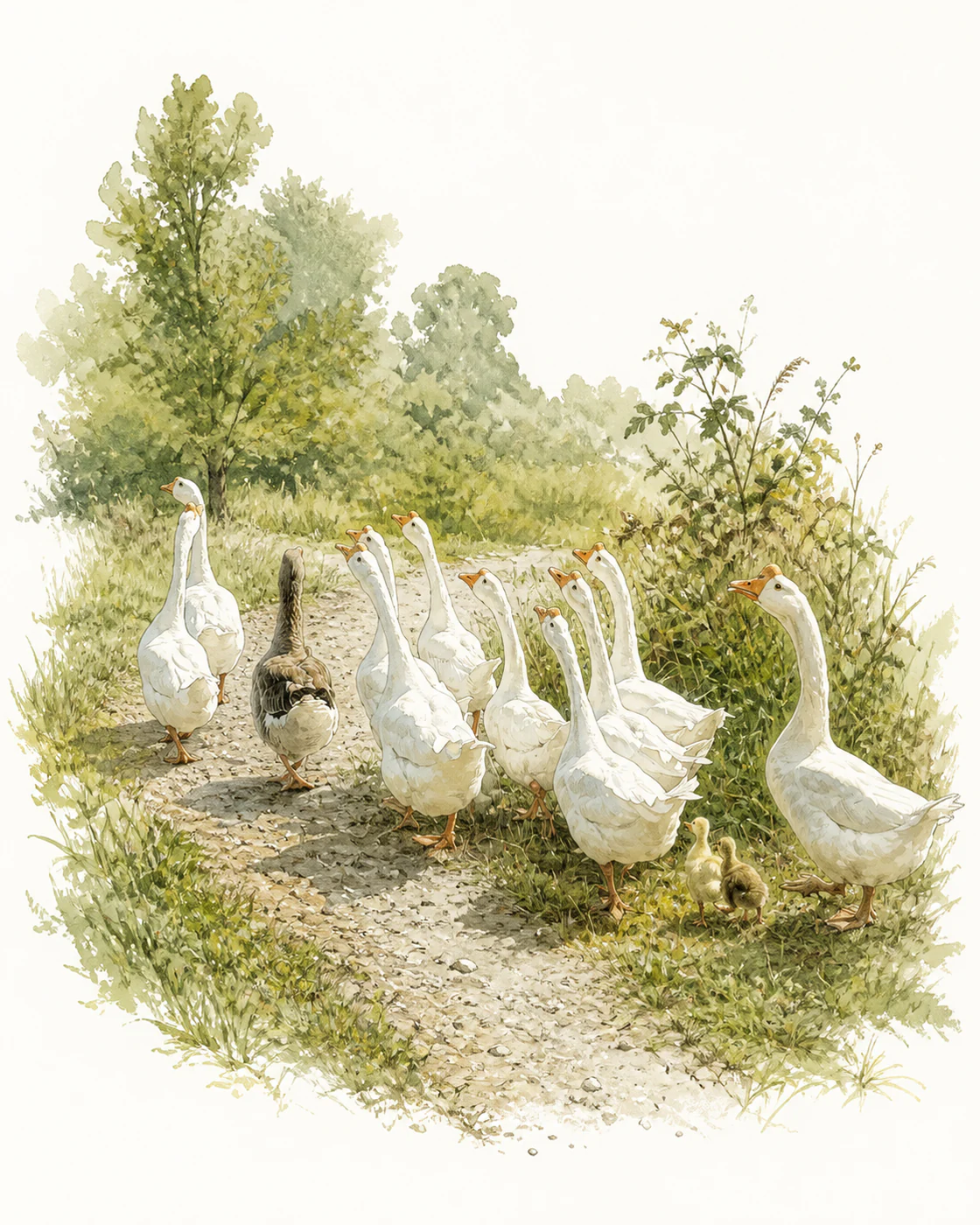 After: natural-history habitat illustration of the same flock of geese and goslings.