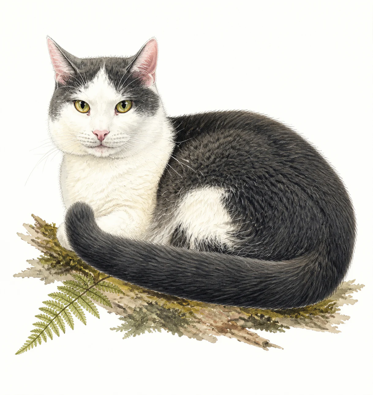 After: natural-history-style illustration of the same gray-and-white cat.