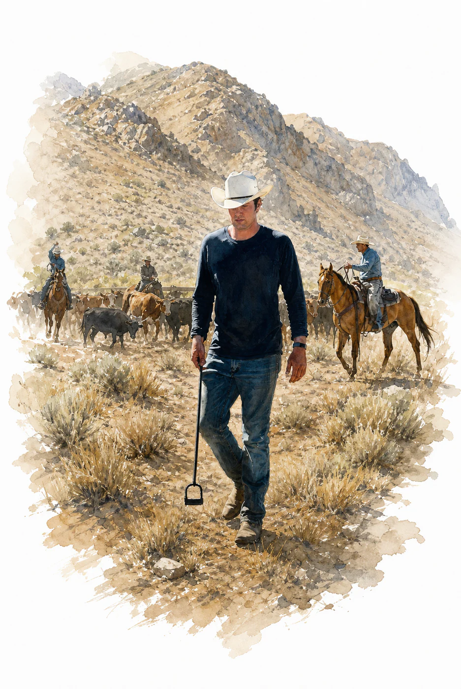 After: high-desert illustration preserving the rancher, cattle, and riders.