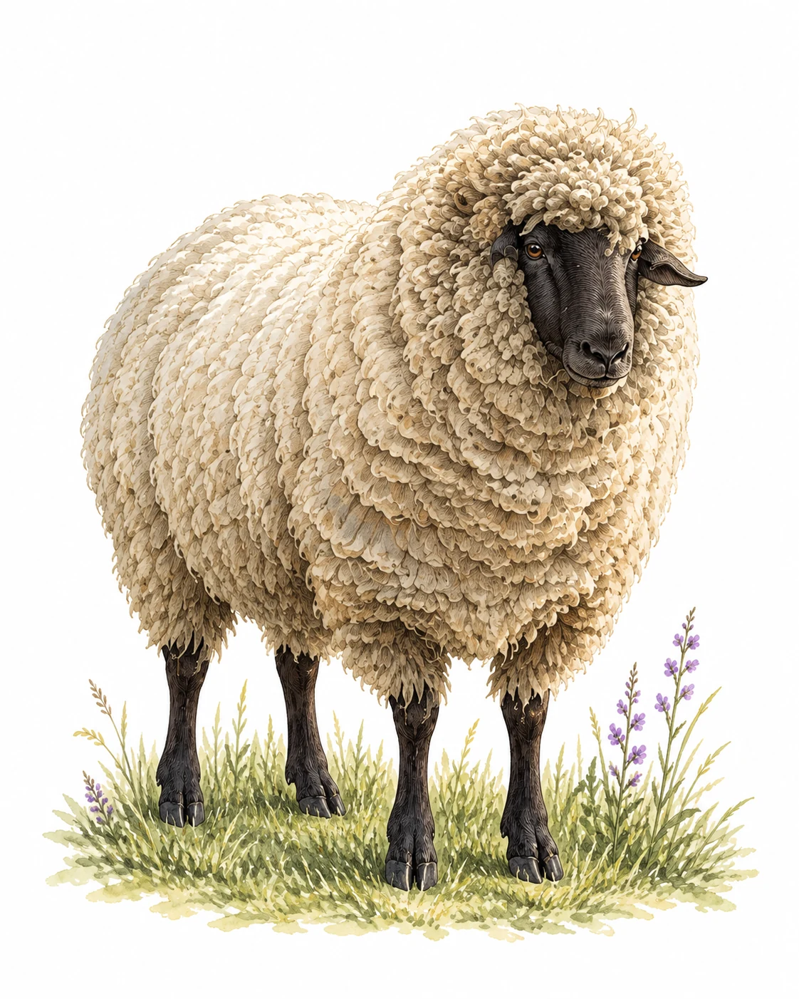 After: natural-history-style illustration of the cream-fleeced sheep in a three-quarter standing pose.