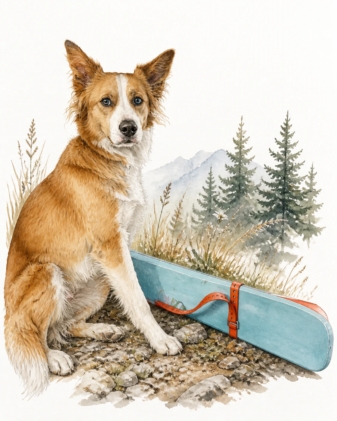 After: natural-history illustration of the same dog and blue board at a mountain trailhead.